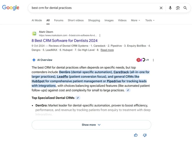 Screenshot from Google SERPs shows the AI Overviews with smaller SaaS brands mentioned, thanks to their AEO strategy for SaaS that focused on relevance.